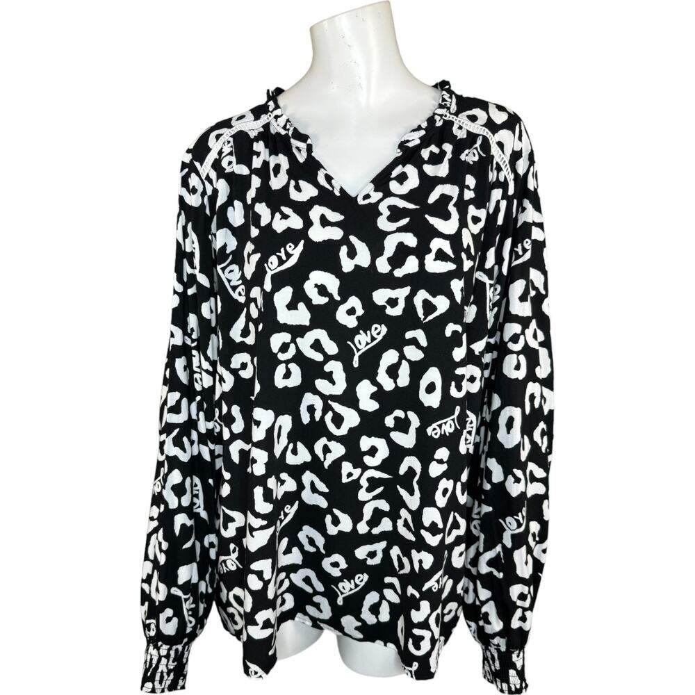 Denim & Co. Valentine's‎ Day Printed Blouse w/ Smocked Cuff Black 2X